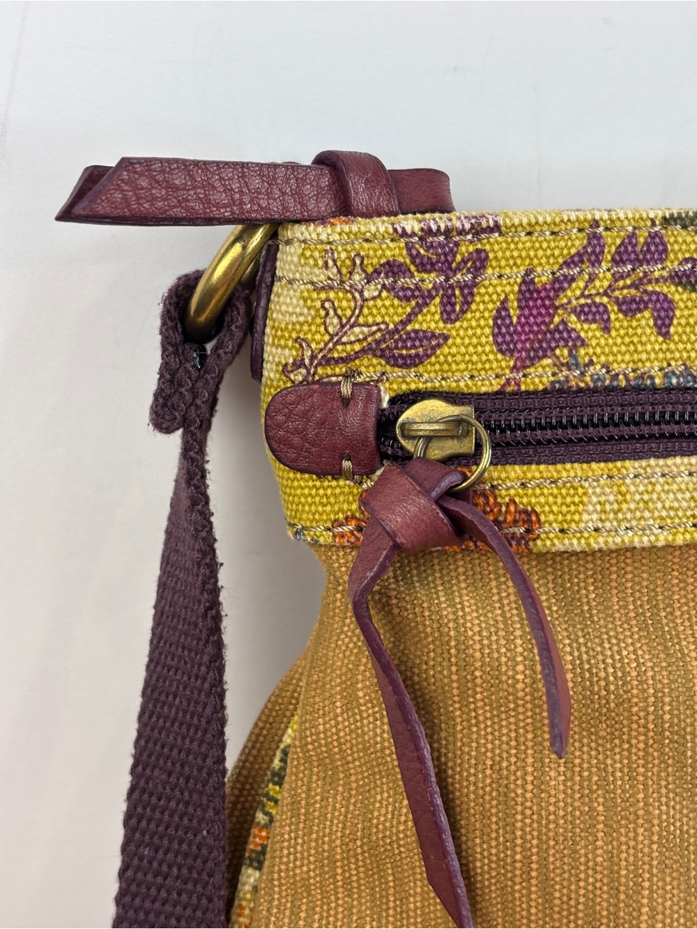 Y2K Fossil Mustard Canvas Purple Leather Patchwork Butterfly Accents Crossbody - Picture 3 of 10